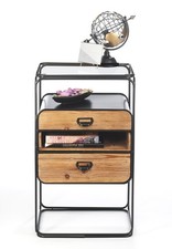 Beistelltisch ANCONA Dekotisch Vintage Glasplatte Metall Schublade Holz >B-Ware<