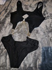 Damen Monokini Bikini Ketten Bade Schwimm Anzug Tankini Schwarz Gold L 40