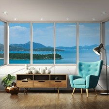 Vlies Fototapete Terrasse 3D Insel Ausblick Fenster Wohnzimmer Landschaft Natur
