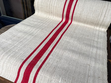 Ballen handgewebtes altes  Fischgrät Leinen  300/59 cm mit roten Mittelstreifen
