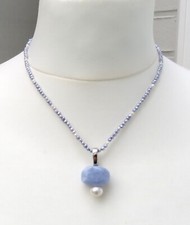 Perlen Kette mit Chalcedon Anhänger an Varioclip Perlen Unikat Collier 4734