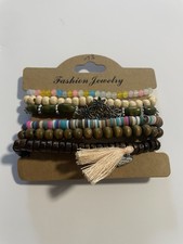 5er Set Armband, flexibel, Holzperlen, Keramik, Gemischt, versch. Farben