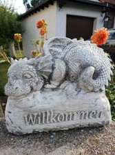 Steinfigur Drachen drache Garten Deko Steinguss gartenfigur Figur willkommen