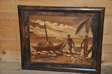 Altes Intarsien Bild,Holzbild,Einlegekunst,Fischer,Boot,Meer,Seefahrt,Kunst