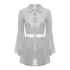 DE Damen Hippie Kostüm 70er Jahre Disco Outfits Langarm Pailletten Shirtkleid