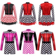  DE Mädchen Rennwagen Fahrer Kostüm Schachbrett Druck Farbblock Overall Party