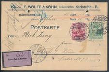 Deutsches Reich DR Postkarte Firmenlochung Perfin WOLFF & Sohn Karlsruhe 1904