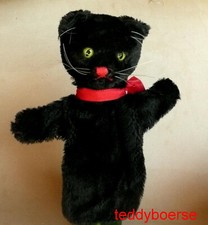 alte Steiff Handpuppe Katze Hand-Katze schwarz ohne Knopf  17 cm 70er Jahre