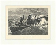 Durch Erdensturm zum Himmelsfrieden W. Kray Sarg Totenbett Boot Holzstich A 1752