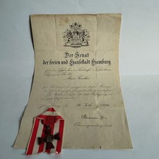 Hanseatenkreuz Hamburg mit Urkunde und Wachssiegel Militaria WK1 Orden Medaille