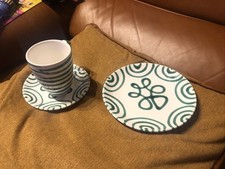 Gmundner Keramik Gedeck Frühstückstasse Untertasse Kuchenteller grün geflammt