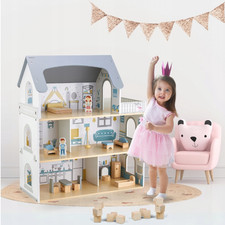 Großes Puppenhaus aus Holz 3 Etagen mit Terrasse & Zubehör Mamabrum Mädchen Gesc