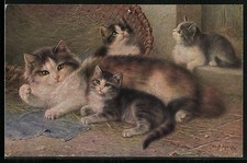 Künstler-AK Katzenmama mit ihren Katzenbabys 