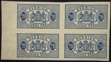 Schweden, 20 Ö., UNGEZ., * Rand-4erblock, u. Marken **. Fac.TJ19v1/SKR 1000,-+.