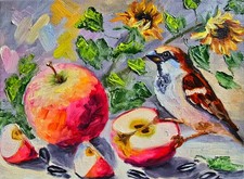 Spatz und der Apfel Ölmalerei