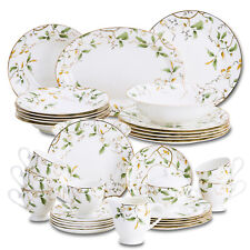 Geschirrset 6 Personen weiß mit Blüten Muster, 35-teilig, Kombiservice Porzellan