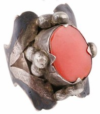 Osmanischer Silberring mit Korallenstein-Eski Osmanli Dönem Gümüş Mercan Yüzük