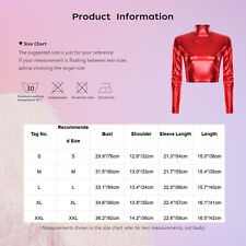 Damen Metallic Langarm Stehkragen Party Club Oberteil Einfarbig Wetlook Crop Top