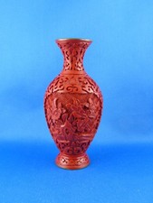 Kleine Vintage Vase China - Lackschnitzerei (Rot), Rotlack Blumen ca. 12,9 cm