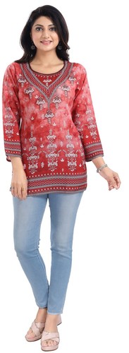 Polyester rot blumen kurti - polyester,