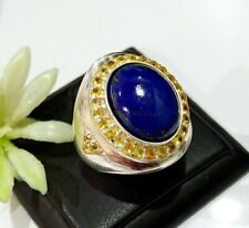 Natürlich Lapislazuli & Citrin Mit 14K Weiß Vergoldet Silber Herren Ring #969