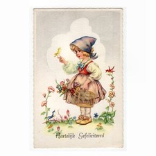 Künstler-AK Geburtstag / Mädchen mit Kanarienvogel und Vogelkäfig