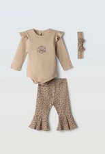 NEU Baby Mädchen 3-tlg Outfit  Body Leoparden-Volant-Hose Stirnband– Beige