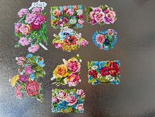 10 Vintage Papier Oblaten Bilder bunte Blumen Sticker Poesiealbum um 1960