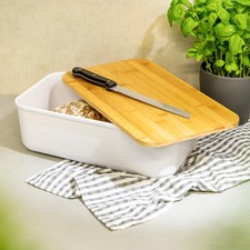 bremermann Brotkasten Set in weiß mit Bambus-Deckel, Schneidebrett & Brotkorb