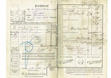 Frachtbrief 1898 über HARMONIUM Oettingen Orgelfabrik Steinmeyer & Tie #76