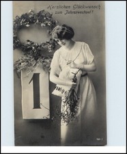 Gruss NEUJAHR 1913 Jahreswechsel Kalenderblatt mit Frau und Geldsack 1. Januar