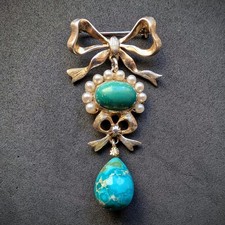Jugendstil Brosche 835 Silber Türkis Pampel Perle Schleife alt c. 1920