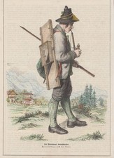 kolorierter Holzstich Der Montavoner Krautschneider ( Tracht Montavon Schweiz )