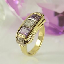 Vintage Ring 585 Gelbgold 14K 1 Diamant Altschliff ca 0,25 ct 2 Amethyste Gr. 48