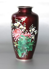 Japanische Ando Cloisonné Vase rot, Blumenmotiv, H. ~25cm, ~1,2kg, Maiji, ~1910