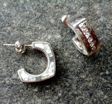 Halbcreolen, 925er Silber, Perlmuttmosaik, Zirkonia, Eckige Form, 16 mm,Top Zust