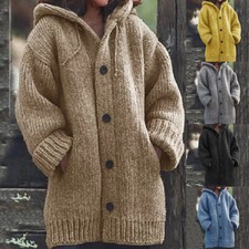 Lange Dicke Damen-Strickjacke Mit Kapuze Wintermantel Strickpullover  |