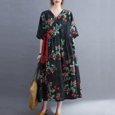 Damen Blumenmuster Locker Baggy Kreuz Über Wickelkleid Krawatte Hoch Taille