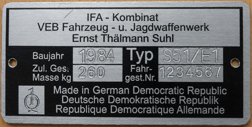 Typenschild für simson alle - simson,