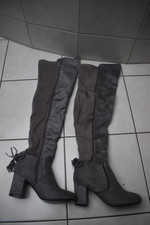 Glossy Overknee Stiefel High Heels grau Materialmix grobem Profil Gr. 38 neu 