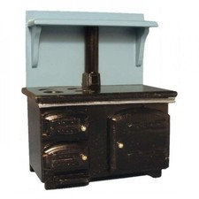 Puppenstube Miniatur - Holzherd Holzofen Kochstelle schwarz / graublau
