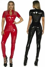 Damen Catsuit Lackleder Overall Einteiler Jumpsuit Hosenanzug mit Reißverschluss