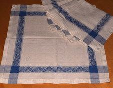 6 Alte Damast Servietten Stoffservietten Webmuster blaue Borte 40 x 40 cm (13584