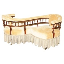 ATEMBERAUBENDES ANTIKES VIKTORIANISCHES "TETE A TETE" KONVERSATIONSSOFA MIT EBONISIERTEM GESTELL