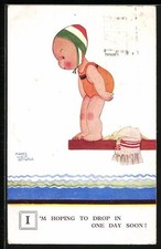 Künstler-AK Mabel Lucie Attwell: Mädchen im Badeanzug auf dem Sprungbrett 1932 