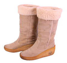 Vintage Damen Winter Boots Stiefel Leder beige Gr. 40 Fellbesatz Wedge SH1033