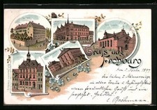 Lithographie Frohburg, Hotel zur Post, Schloss, Rathaus, Städt. Turnhalle 1897 
