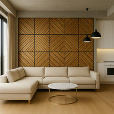 Industrielle Wandpaneele 50x50 | MDF Schwarz mit Holzlamellen | Moderne Wanddeko