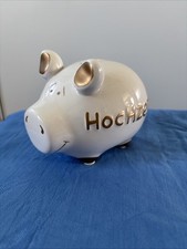 Spardose Sparschwein, Porzellan Weiß mit goldenem Aufdruck „Hochzeit“ Verschluß