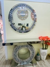 Designer Konsolentisch & Spiegel Set–Silber Hochglanz mit weißen Glitzerkristall